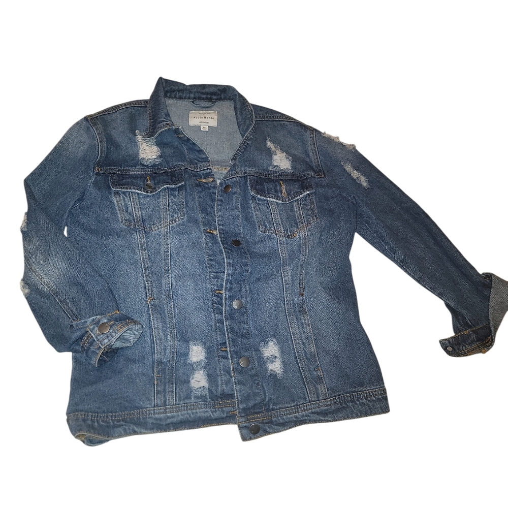 FOREVER 21 Haute Monde Denim Jacket Oversized Distressed Pocketed Blue US Size M